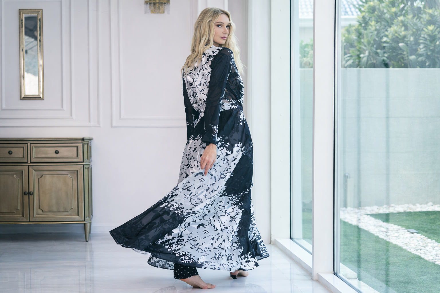silk black and white dress Skater Maxi Dress Black White