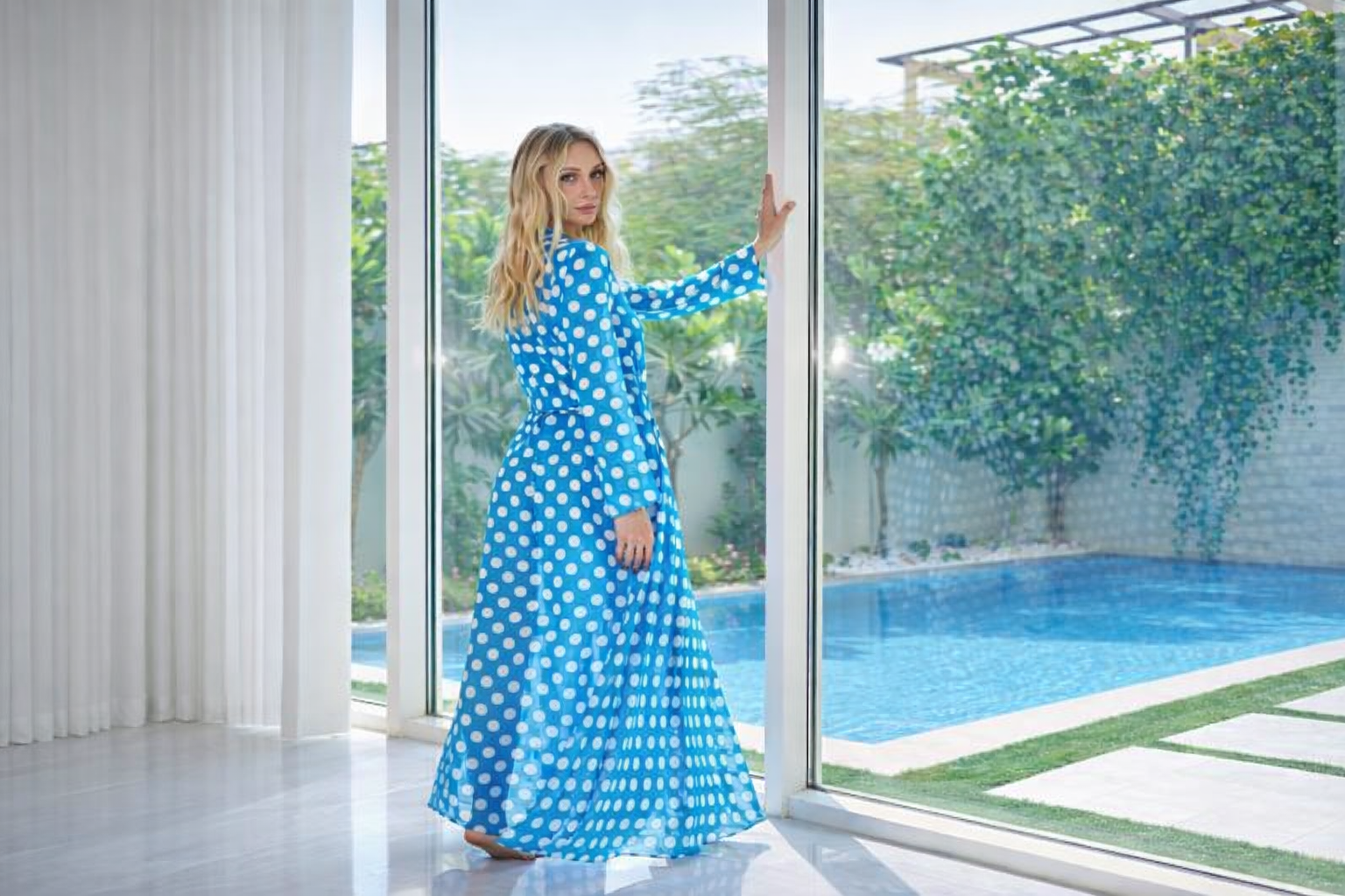 Silk chiffon blue & white polka dot cover-up beach dress