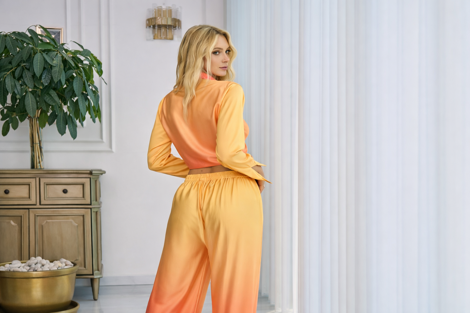 Light Yellow orange silk satin set